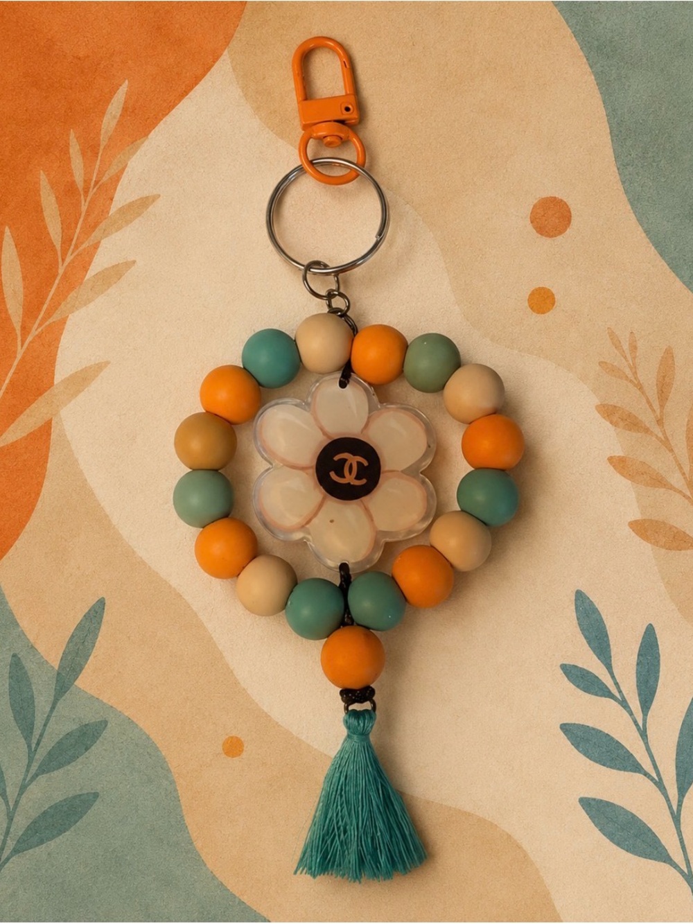 Handmade healing hands Multicolor Beaded Flower Keychain with Teal Tassel
